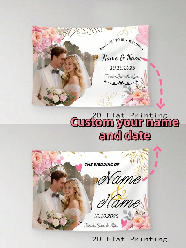 1 pieza Tapiz de boda personalizado con nombre y fecha, telón de fondo de boda, adecuado para dormitorio, sala de estar, estudio, tapiz personalizado para aniversario, mejor regalo para familiares y amigos, 100*150cm/200*150cm