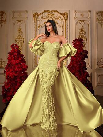 橄榄绿3D花瓣串珠刺绣露肩泡泡袖缎面斗篷美人鱼奢华宫廷晚礼服