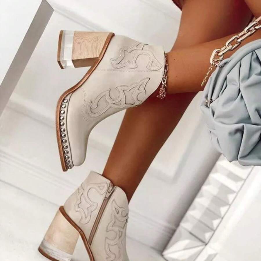 European And American Style Plus Size Chunky Heel  Boots For Women 2025 Autumn Winter New Printed Rivet  Side Zipper Fashion Boots - Màu Khaki - Xem 1