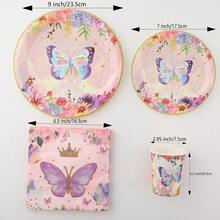 80pcs/Set Cute Butterfly Theme Disposable Party Tableware, Birthday Party Supplies, 9-Inch Plates, 7-Inch Plates, Butterfly Pattern Disposable Paper Cups, Beverage Cups, Coffee Cups