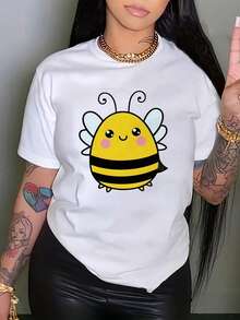 Mujer T-shirt | Shipped from Mexico | High-quality breathable fabric | Women's black and white loose short-sleeve print Black T Shirt With Bee Print |Machine Washable|Crew Neck Sporty Casual Top|Comfortable and Trendy Fashion| - Blanco - Ver 1