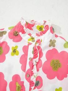 Blusa floral rosa con pétalos encantadores, blusa con estampado floral en crema, rosa y verde con cuello con botones y volantes - Multicolor - Ver 2