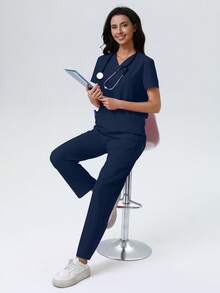 V-Neck Solid Color Pocket Short Sleeve Top And Pants Uniform Set Spring - Navy Blue - View 7