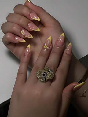 24pcs Medium Almond Shaped Nail Stickers, Yellow French Tip Design, Floral Pattern, Elegant & Unique, Suitable For Women & Girls, Summer Nail Art, Daily, Date, Office, Home, Party Nail Accessories