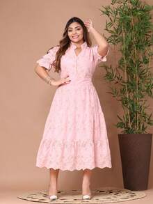 Women's Fashion Midi Dress In 3D Laise Fabric With Elastex On The Back And Button On The Front And Lining - 雙色BB粉紅色 - 查看 1