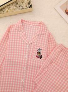 格子家居服套装，甜美可爱的翻领纽扣上衣和长裤，女士睡衣家居服，秋冬服装 - 粉色 - 查看 3