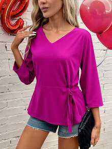 Blusa dama mujer top manga 3/4 cuello v femenino ligera comoda dia noche fiesta cena salida vacaciones trabajo oficina escuela ciudad sofisticada moderna - Rosa Fucsia - Ver 1