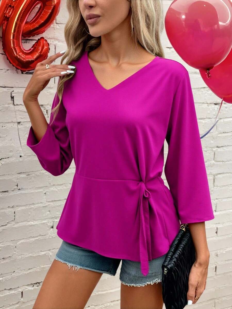 Blusa dama mujer top manga 3/4 cuello v femenino ligera comoda dia noche fiesta cena salida vacaciones trabajo oficina escuela ciudad sofisticada moderna - Rosa Fucsia - Ver 1
