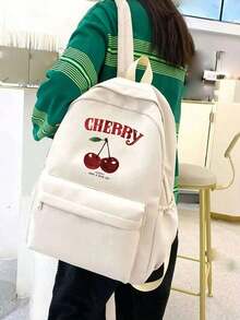 Stilvoller Y2K-Klassiker Rucksack mit Kirschenmuster Schultasche, Kirschenmuster Mädchen Rucksack mit großer Kapazität für Laptops, Rückkehr zur Schule klassischer lässiger Tagesrucksack Collegetasche, leichter Schulbuchrucksack für Mädchen und Jungen, Mädchen Schulrucksack Büchertasche für Teenager, Diebstahlsicherer Laptop-Rucksack Reise-Tagesrucksack Schultaschen Geschenke - Beige - Übersicht 2