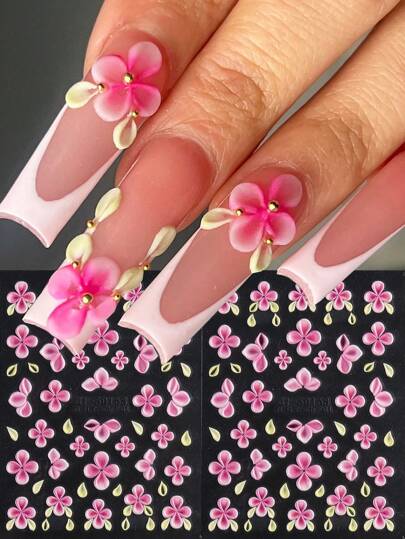 5D Cherry Blossoms Flower Embossed Nail Stickers Sweet Pink Gradient Petals Floral Print DIY Spring Summer Y2K Style Self-Adhesive Gel Polish Decals Sliders Nail Art Decoration Nail Supplies Nails