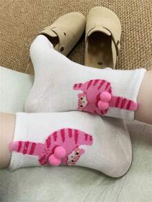 1/5 双舒适有趣的倒置猫球绒球中筒袜，适合所有季节，秋季