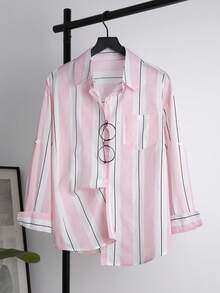 大码女式条纹落肩长袖口袋设计休闲宽松衬衫 - 粉色 - 查看 3