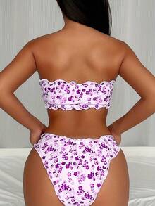 Ladies' Strapless Bikini, Vacation Style New Floral Print Sexy Strapless Bikini Swimsuit Set - 紫色 - 查看 3