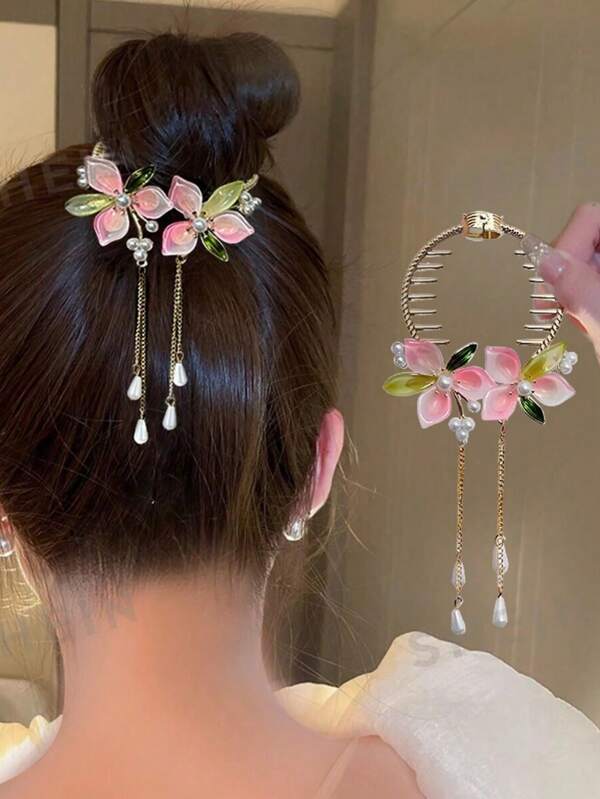 1pc Women's Fresh Floral & Pearl Decor Bun Holder Hair Clip, Elegant Hairpiece Suitable For Daily Wear, Parties, Claw Clips, Hair Claws, Clips For Hair, Hair Slide, Hair Barrettes