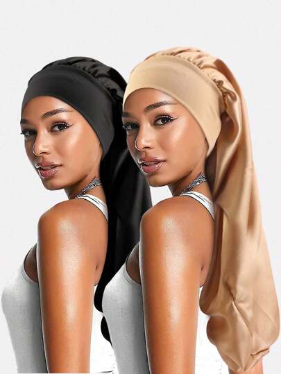 3pcs Women's Multi-Color Long Hair Sleeping Cap, Faux Silk Stretchy Turban Headband, Beauty Hair Care Headwear