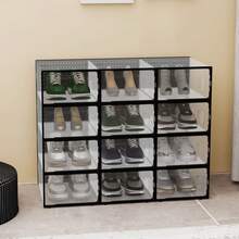 12Pcs Shoe Storage Box, Clear Plastic Stackable Shoe Organizer For Closet, Space Saving Foldable Shoe Rack Sneaker Container Foldable Shoe Storage Cabinet With Lid, Plastic Storage Container, Christmas - Đen-12 Cái - Xem 6