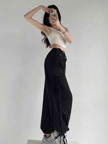 Calle Suelto Cordón Flutter Pantalones de trabajo Pantalones de pierna ancha Pantalones casuales con bolsillos de solapa Cintura baja Cordón de pierna ancha Pantalones de paracaidista - Negro - Ver 9