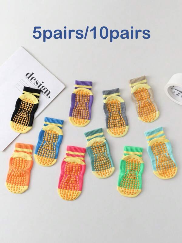 5pairs/10pairs Men's Non-Slip Socks, Trampoline Socks, Unisex Bathroom Shower Beach Socks With Dotted Anti-Slip Rubber Sole, Colorful Breathable Non-Slip Design, Random Color