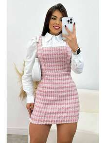 Midi Dress Plaid Houndstooth Color Block Cut And Sew Tweed Knit Zipper Dress Office Evening Holiday Birthday Party Evening Work Formal & Evening Dressy & Casual Airport Wear - 淺粉色 - 查看 3