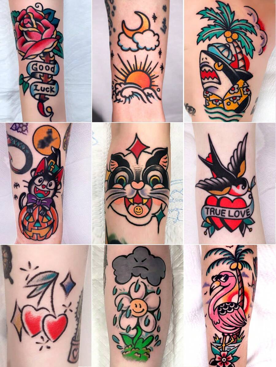 17 buc/set tatuaje temporare, autocolante tatuaje false impermeabile cu desene animate drăguțe cu motive florale vechi pentru bărbați și femei, durează 1-5 zile