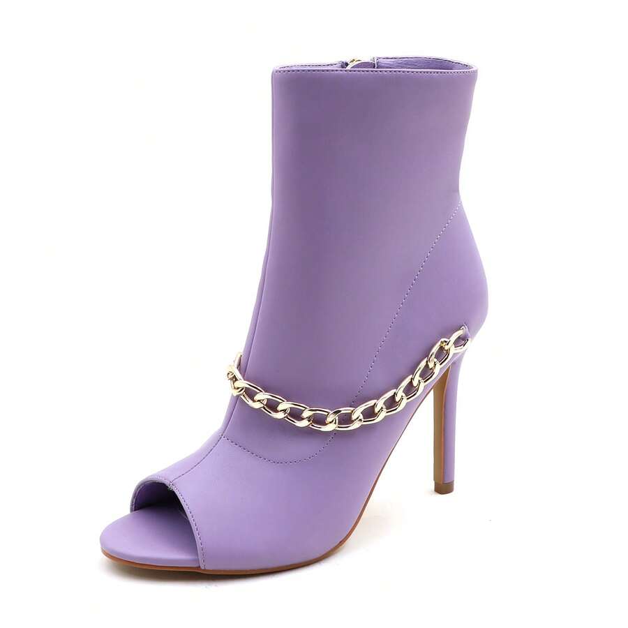 Women's Peep Toe Ankle Boots, Gold Chain Detail, High Heel: Stylish Design, Non-Slip Rubber Sole, Latex Insole For Comfort, Perfect For Shopping, Parties, And Casual Outings  Fashionable    Polyester - HOA OẢI HƯƠNG - Xem 1