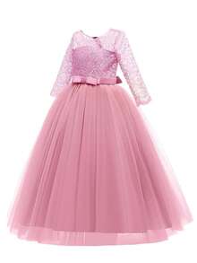Flower Girls Dress Long Lace Bridesmaid Dress 3/4 Sleeves Floor Length Wedding Party Evening Formal Pegeant Maxi Tulle Ball Gowns - Bụi hồng - Xem 4
