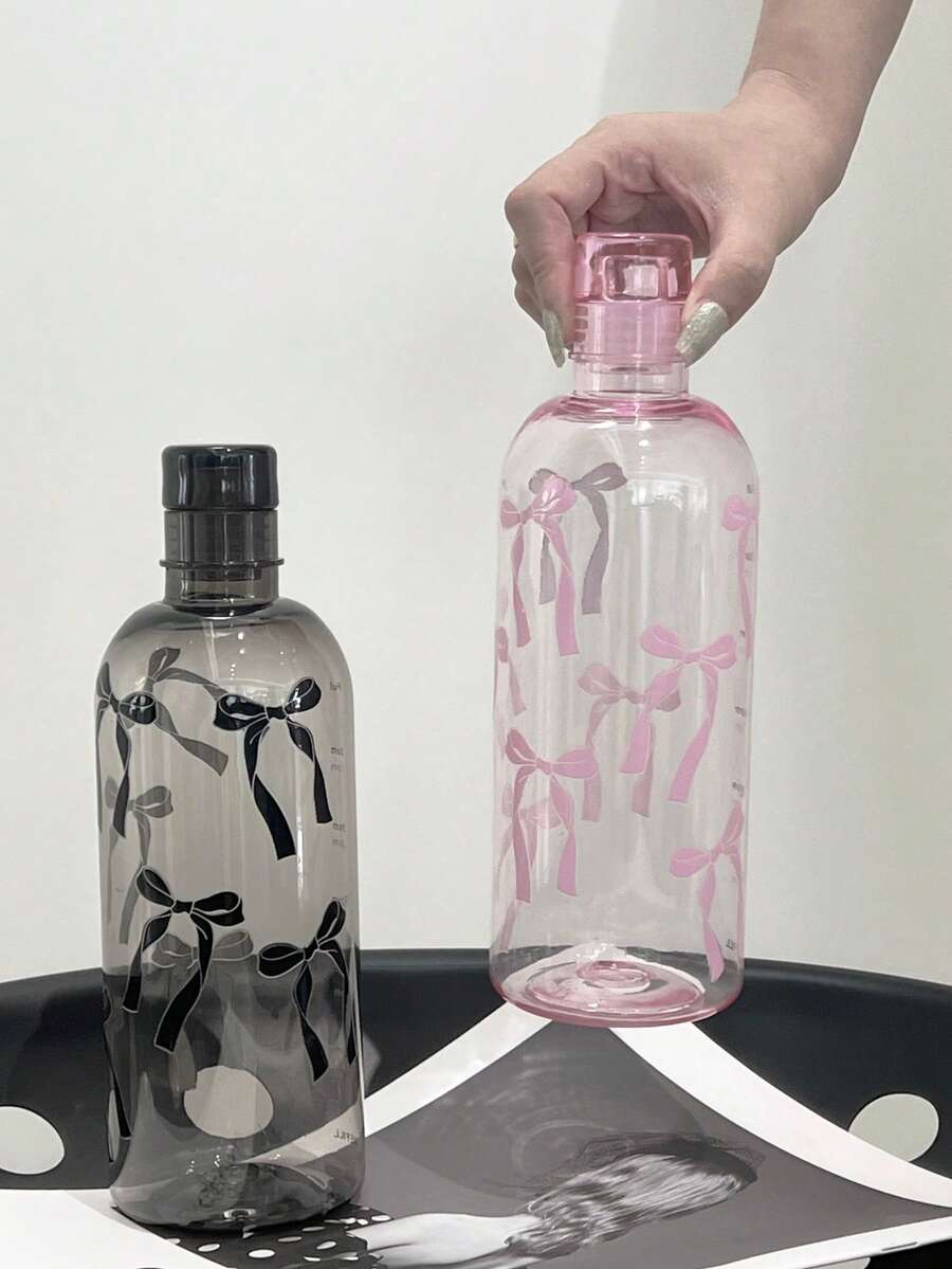 BENNY 750毫升（25盎司）3D蝴蝶结造型水瓶，蝴蝶结装饰水瓶，渐变哑光塑料户外运动水瓶，防滑防漏设计，适合健身、沙漠旅行、热带主题等场合，创意便携运动水杯，黑粉色时尚水瓶，也适合办公使用。 - 多色2 - 查看 1