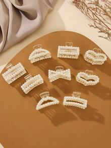 9pcs Faux Pearl Decor Hair Claw Elegant Valentine's Day Valentines Claw Clips Hair Clips Hair Jaw Clip Hair Clamps Hair Clutch Hair Catcher Clip, School Stuff, College, Faux Pearl Hair Accessories Fall Winter For Vacation Outfits Woman