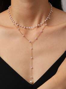 1-Piece Fashion Simple And Elegant Style Faux Pearl Y-Shaped Multi-Layer Necklace Set, Suitable For Ladies' Vacations, Parties, Dinners, Photography And Daily Matching