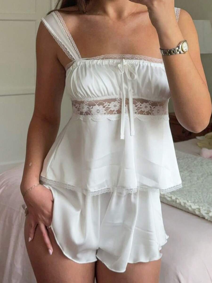 Women Cami Pajama Set, Lace Trim Square Neck Sleeveless Tops + Elastic Waist Mini Shorts 2 Piece Sleepwear Outfit - 白色 - 查看 1