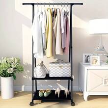 1pc Simple Floor Standing Clothes Hanger Rack, Bedroom Garment Organizer Rack With Dual Bars - Multicolor - View 3
