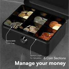 6 英寸金属钱箱带密码锁 - 耐用的钱盘存储，适用于家庭办公室、零售店和个人使用 - 安全锁箱，亮黑色表面 (15x12x9cm) - 紧凑型保险箱，可存放钞票和贵重物品 - 黑色 - 查看 2