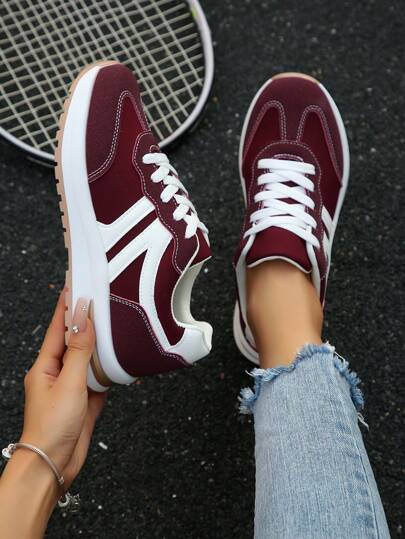 2025 Autumn Sneakers For Women New Colorblock Design Women's Casual Sports Shoes, Fashion Versatile Suede Patchwork Lace-Up Trainers, Suitable For Daily Casual Walking, Running, Student Skateboarding