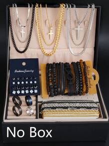 3-55 件男士休闲嘻哈不锈钢十字架多层项链首饰套装，不锈钢手链、戒指、皮革手链、方晶锆石耳环，适合日常佩戴、约会、生日、节日礼物（无盒） - 男士飾品 - 查看 16