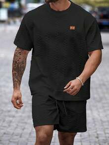 Men's Short-Sleeved Suit With Solid-Color Jacquard Texture, Crew Neck Shirt + Shorts With Pockets And Patches, Suitable For Vacation And Leisure Outings, Spring And Summer Wear, A Great Gift For Family And Friends. - 黑色 - 查看 1