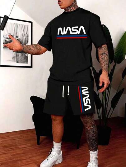 Men's Summer Letter Print Short Sleeve T-Shirt And Shorts Set, Fashion Casual Beach Vacation Fishing Basketball Camping Gym Outdoor Top With Pocket, Elastic Waist Drawstring Pants, 2 Pieces Outfit, Gift For Boyfriend/Husband