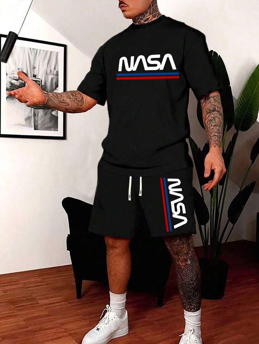 Conjunto de camiseta de manga corta con estampado de letras y pantalones cortos para hombre, moda casual para playa, vacaciones, pesca, baloncesto, campamento, gimnasio y exterior con bolsillo, pantalones con cintura elástica y cordón, conjunto de 2 piezas, regalo para novio/esposo