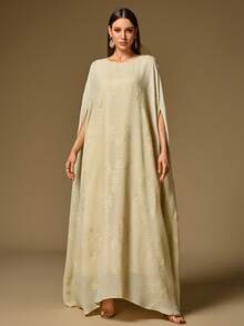 女士圆领休闲连衣裙，带有随机刺绣和后开衩 - 淡黃色 - 查看 3