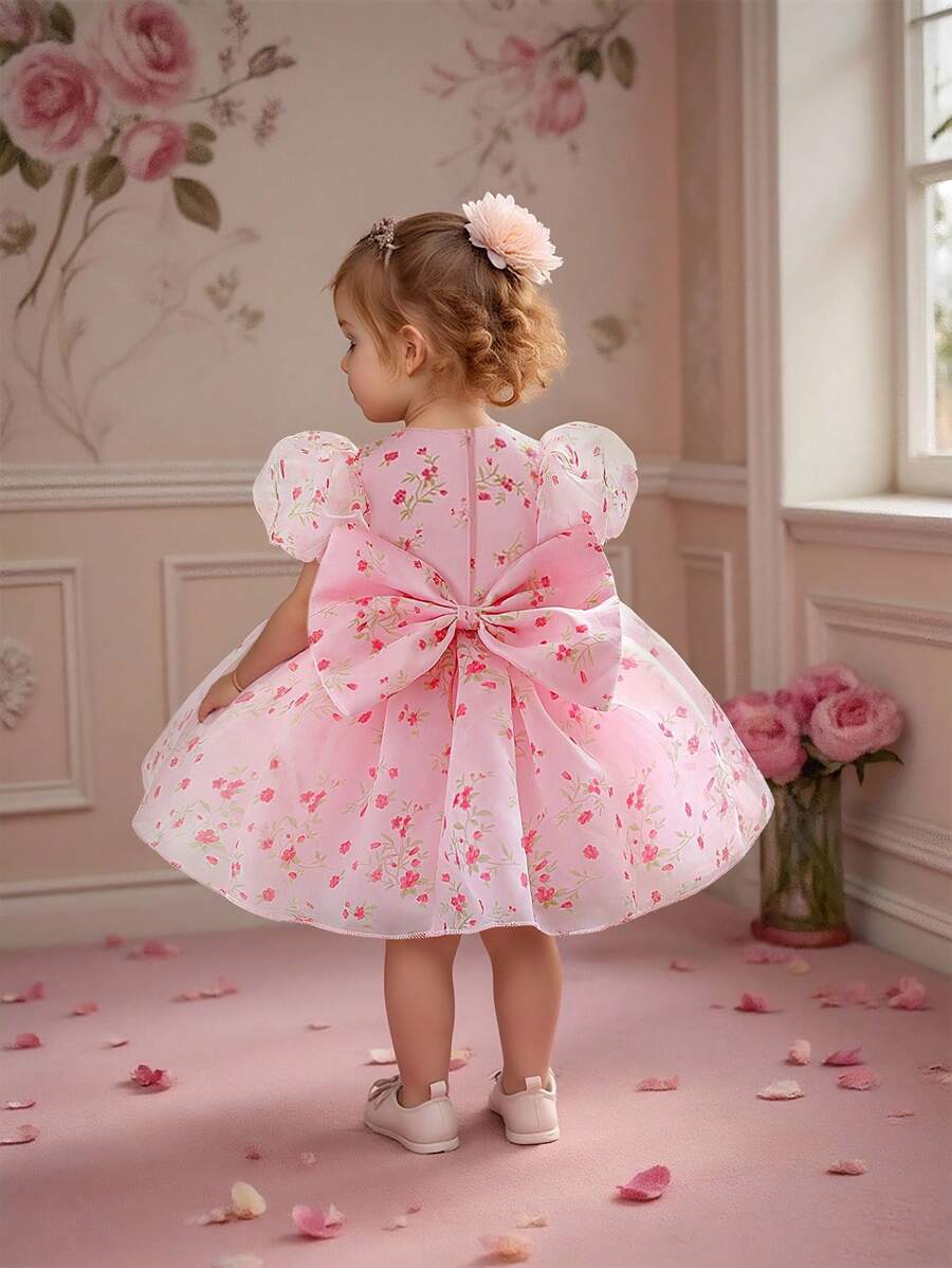 Baby Girls V-Neck Floral Organza Princess Dress, Suitable For 1st Birthday Party, Random Floral Fabric Cut