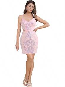Teen Homecoming Dress Sequins Bodycon Mini Spaghetti Strap Floral Glitter - Berwarna merah muda - View 3