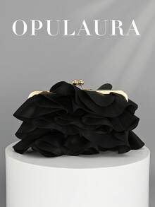 OpulAura 女士优雅迷人花瓣宴会手拿包，褶边设计晚礼服手提包，适合婚礼/度假/正式派对/舞会，配有链式肩带，花瓣形状随机 - 黑色 - 查看 2