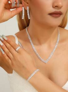 1套白色鑽石新娘珠寶套裝，西式水晶珠寶套裝，適用於派對 - 銀色 - 查看 9