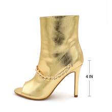 Women's Peep Toe Ankle Boots, Gold Chain Detail, High Heel: Stylish Design, Non-Slip Rubber Sole, Latex Insole For Comfort, Perfect For Shopping, Parties, And Casual Outings  Fashionable    Polyester - 金色 - 查看 2