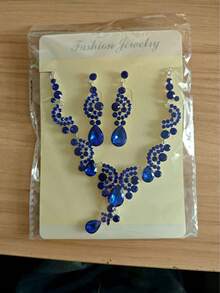 Rhinestone Decor Drop Earrings & Pendant Necklace - Royal Blue - View 5