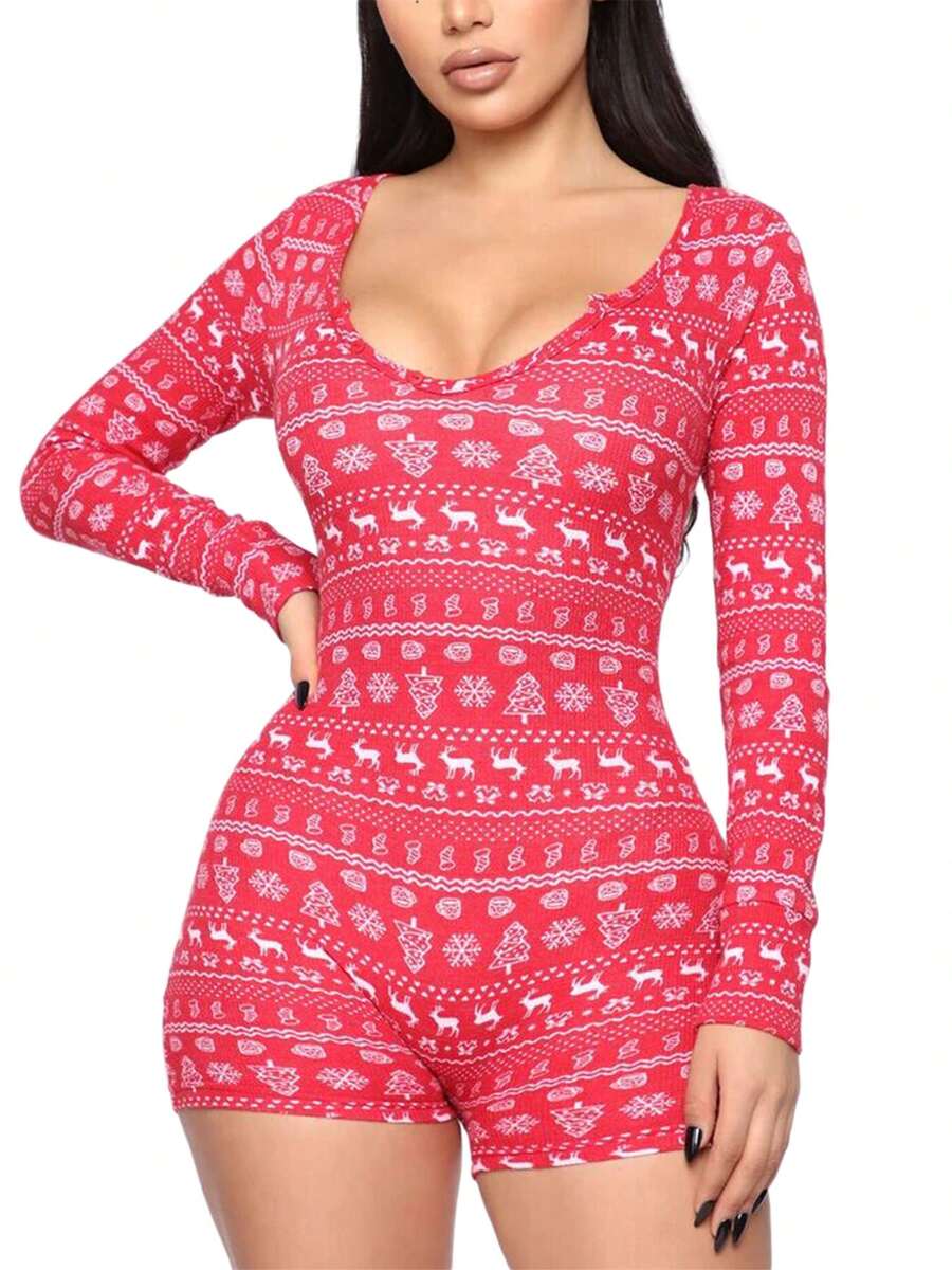 Women's Sexy Romper Shorts, Funny Print Long Sleeve Button Down Deep V Neck Bodysuit - alce de lomo rojo - Ver 1