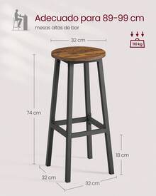 Taburete de Bar, Juego de 2, Sillas de Bar, Sillas de Cocina con Estructura de Metal, Fácil Montaje, con Reposapiés, para Cocina, Salón, Comedor, Marrón Rústico y Negro/ - Marrón - Ver 4