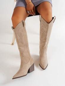 New Vintage Suede V-Cut Pointed Toe Chunky Heel Anti-Slip Western Embroidered Versatile Riding Boots For Women - Khaki - View 5