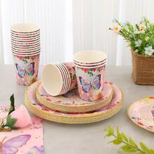80pcs/Set Cute Butterfly Theme Disposable Party Tableware, Birthday Party Supplies, 9-Inch Plates, 7-Inch Plates, Butterfly Pattern Disposable Paper Cups, Beverage Cups, Coffee Cups