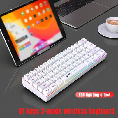 HXSJ Clavier mince à membrane de 61 touches, 3 modes filaire/sans fil, câble USB-C détachable, touches double-injection, rétroéclairage RVB, rechargeable, plug & play pour le jeu, le bureau et l'usage domestique