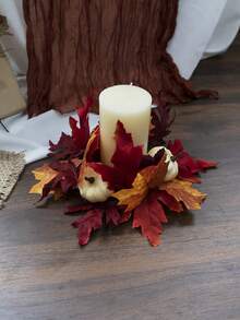 1 pieza Anillo de vela artificial de hoja de arce de Acción de Gracias con bayas y calabaza, decoración floral realista de vid de otoño para puerta, centro de mesa, decoración del hogar de cosecha